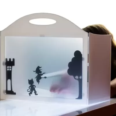 Caixa de sombras portátil com silhuetas para contar histórias em acrílico translúcido.