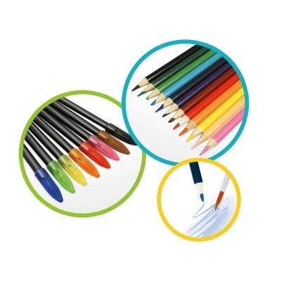 Lápis de cor e marcadores coloridos organizados em círculos