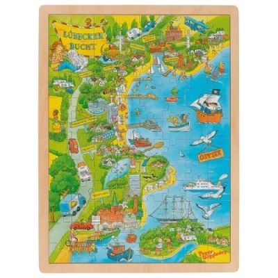 Puzzle de madeira colorido com mapa de Lübecker Bucht e ilustrações de barcos, edifícios e animais.