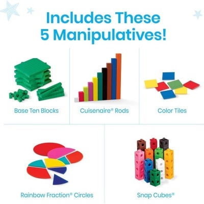 Cinco conjuntos de peças educativas coloridas e respetivos nomes em inglês.