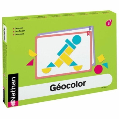 Caixa verde do jogo educativo Géocolor com peças geométricas coloridas.