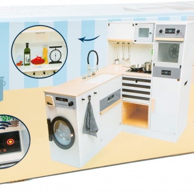 Conjunto de cozinha de brinquedo em madeira branca com eletrodomésticos simulados e embalagem colorida