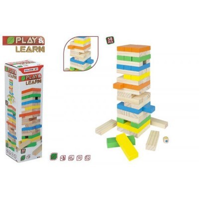 Jogo de blocos de madeira coloridos para empilhar com dados e embalagem PLAY & LEARN
