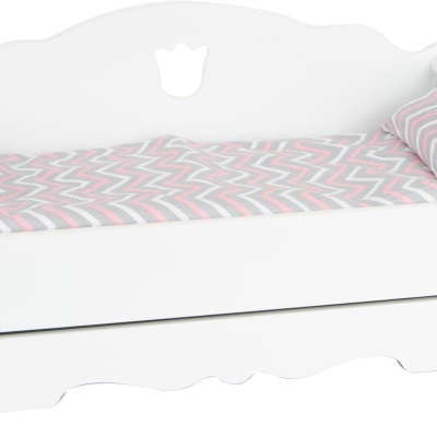 Cama de madeira branca com almofada e cobertor de padrão zig-zag cinza, rosa e branco