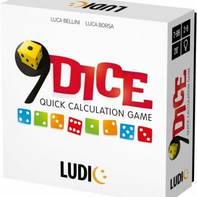 Caixa do jogo 9 Dice com dados coloridos e texto da marca LUDIC