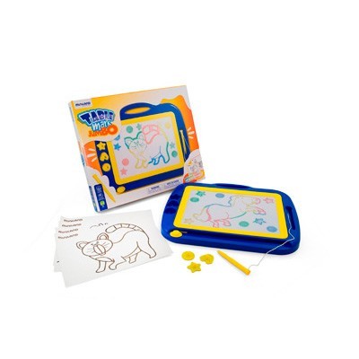 Quadro de desenho magnético azul e amarelo com desenhos coloridos e embalagem