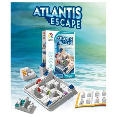 Jogo de tabuleiro Atlantis Escape com peças coloridas e livro de regras