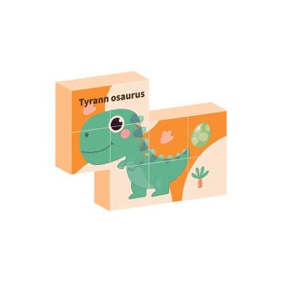 Blocos de madeira com imagem de dinossauro verde e texto Tyrann osaurus