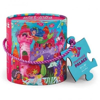 Puzle Mermaid Palace com embalagem cilíndrica colorida e etiqueta em forma de peça de puzzle azul