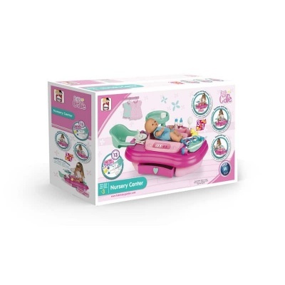 Brinquedo centro de enfermagem para bebés rosa e verde em caixa colorida