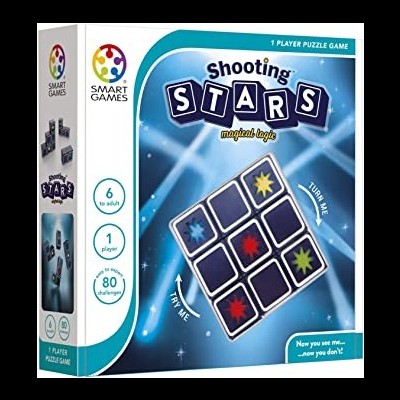 Caixa do jogo de puzzle Shooting Stars da Smart Games com estrelas coloridas e texto explicativo