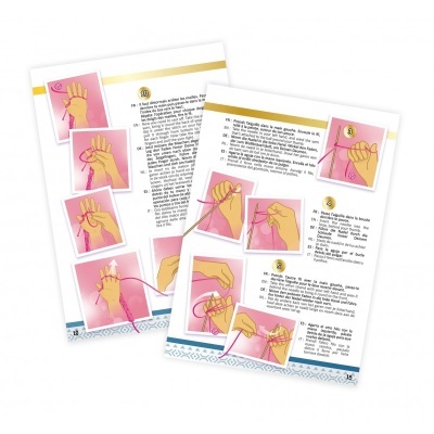 Páginas abertas de um manual com instruções ilustradas para trabalhos com fio e mãos demonstrando técnicas