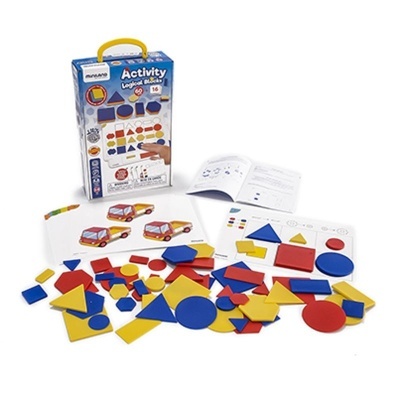 Jogo educativo Activity Logical Blocks com formas geométricas coloridas e embalagem azul