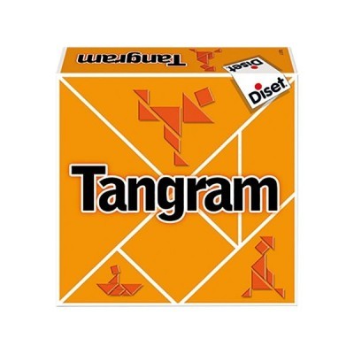 Embalagem do jogo Tangram da Diset em fundo laranja com peças geométricas.