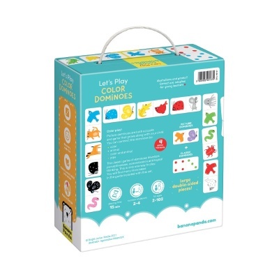 Caixa de jogo de domino colorido Let's Play Color Dominoes com imagens de animais coloridos