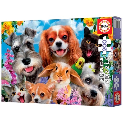 Caixa de puzzle Educa com 200 peças com imagens de cães, gatos, coelho e papagaio com flores e céu ao fundo