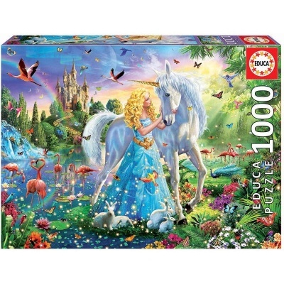 Caixa de puzzle EDUCA 1000 peças com imagem de rapariga e unicórnio em cenário de fantasia