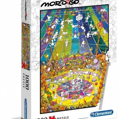 Caixa de puzzle Mordillo 1000 peças da Clementoni com imagem de circo colorido