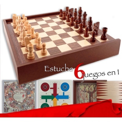 Estuche de 6 juegos de tabuleiro em madeira com xadrez e outros jogos