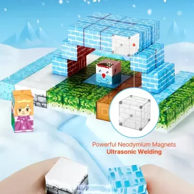 Blocos magnéticos de construção com diferentes texturas e padrões coloridos numa cena de inverno com texto