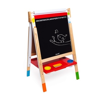 Quadro infantil de madeira para desenho com prateleira e tintas