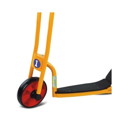 Roda dianteira vermelha e estrutura amarela com etiqueta 'STABILO' e número '1' em amarelo