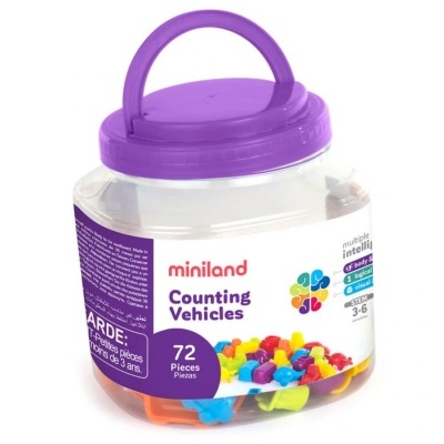 Frasco plástico com tampo roxo contendo peças coloridas para contar veículos