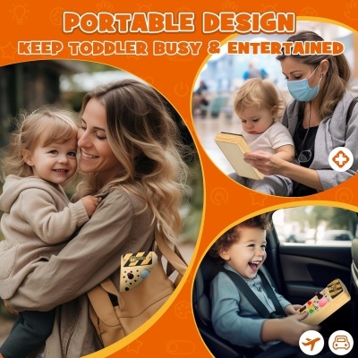 Anúncio de brinquedo portátil de madeira para crianças com texto em inglês sobre fundo laranja