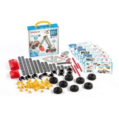 Kit construção Miniland Mecánicos com várias peças e caixa azul clara com punho amarelo