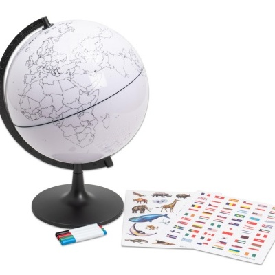 Globo terrestre branco e acessórios para marcação com folhas de autocolantes