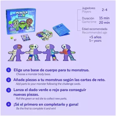 Jogo Monster Mix com peças de monstros, dados e cartas, em fundo roxo