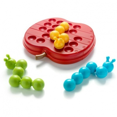 Jogo de tabuleiro infantil vermelho com peças amarelas e lagartas verdes e azuis de esferas