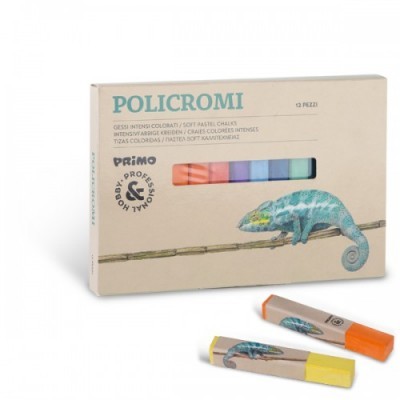 Conjunto de giz pastel Policromi da marca Primo com embalagem bege e camaleão azul