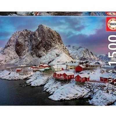 Caixa de puzzle EDUCA com 1500 peças e imagem de vila nevado à beira do lago