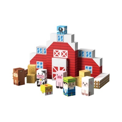Brinquedo modular de celeiro e animais da fazenda em blocos coloridos.