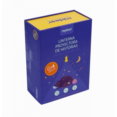 Caixa do produto 'LINTERNA PROYECTORA DE HISTORIAS' azul e amarela com ilustração de urso e lua