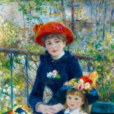 Pintura de duas mulheres jovens com chapéus e roupa colorida junto a um cesto de flores numa varanda com vegetação ao fundo