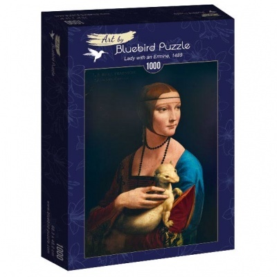Caixa azul escura de puzzle Bluebird Puzzle com imagem da pintura Lady with an Ermine, 1489