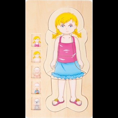 Quebra-cabeças de madeira com menina loira e peças pequenas com expressões e roupas variadas