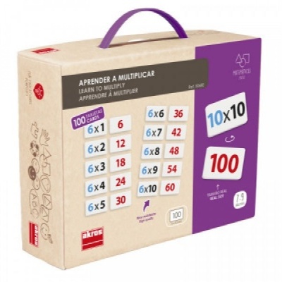 Caixa de jogo educativo para aprender a multiplicar com 100 cartões, branca e roxa.
