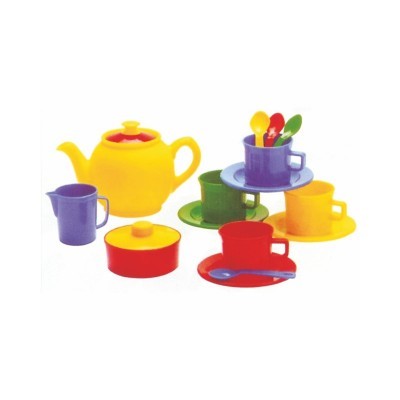 Conjunto de chá de brinquedo colorido com vários acessórios em plástico.