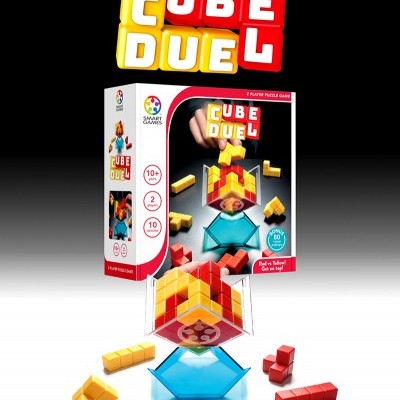 Jogo de tabuleiro Cube Duel com peças amarelas e vermelhas e base azul em caixa colorida