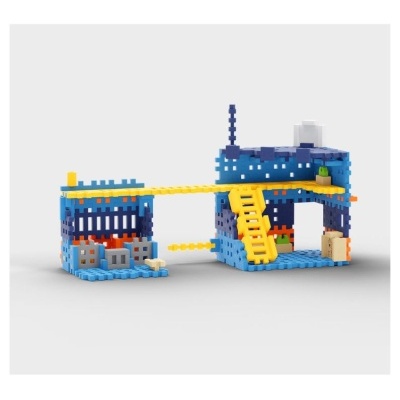 Estrutura de blocos de construção coloridos em azul, amarelo, laranja e cinzento