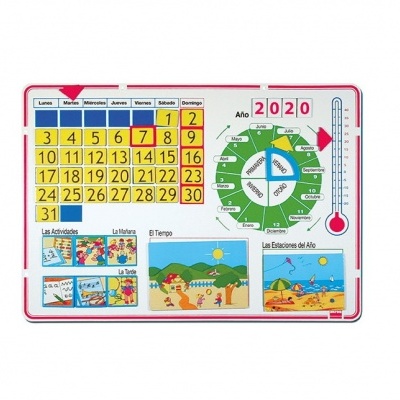 Calendário escolar magnético com dias, termómetro e ilustrações coloridas