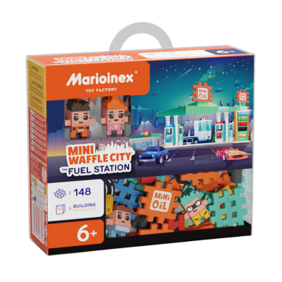 Caixa de brinquedo Marioinex Mini Waffle City The Fuel Station com peças e personagens