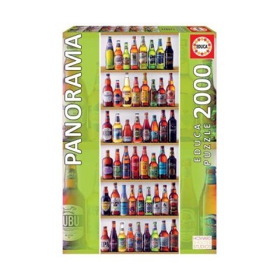 Embalagem verde de puzzle Educa Panorama 2000 com garrafas de cerveja em cinco prateleiras