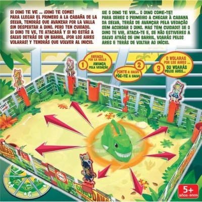 Tabuleiro de jogo com dinossauro verde no centro e cerca branca delimitando a área de jogo