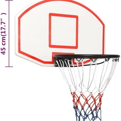 Arco de basquetebol com tabuleiro branco e vermelho, aro preto com rede tricolor