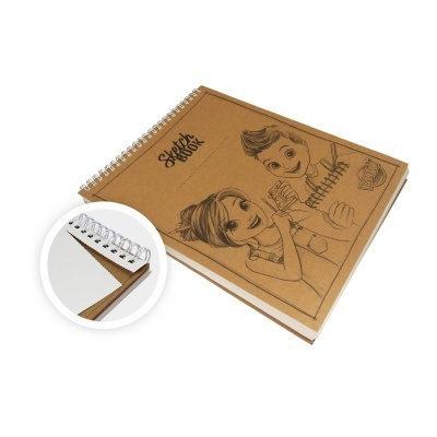 Caderno de esboços com capa castanha e ilustração em preto de duas personagens, encadernação espiral metálica.