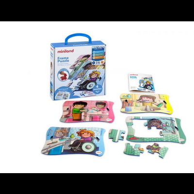 Quebra-cabeças infantil Miniland com personagens coloridos e caixa azul com alça